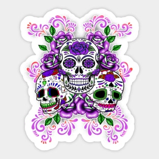 Triple Skull Purple Floral Day Of The Dead Sugar Skulls Sticker